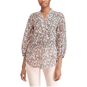 Lauren Ralph Lauren Floral Pintuck Bib Tunic Blouse XL Cotton Silk